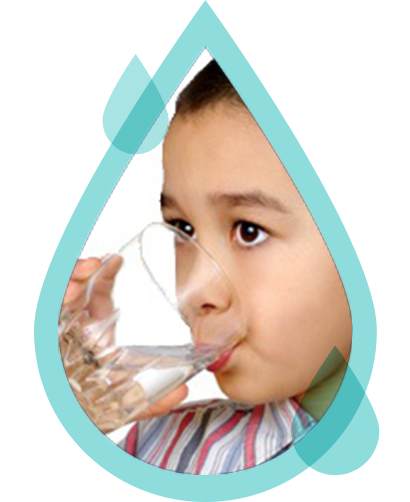 a blue water droplet graphic with an image of a young girl drinking water out of a glass with a straw inside of it