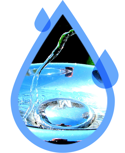 a blue water droplet graphic with an image of a person getting water from a water cooler inside of it